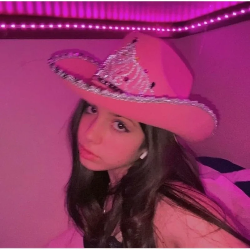 Cowgirl Hats Women Girl Western Style Rolled Fedora Caps Feather Edge Beach Cowboy Hat Sequin Western Party Cap