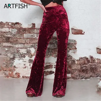 

Velvet Trousers Women Fashion 2019 Winter Wide Leg Autumn High Waist Flare Pants Stretchy Streetwear Slim Pants Black Full M0122