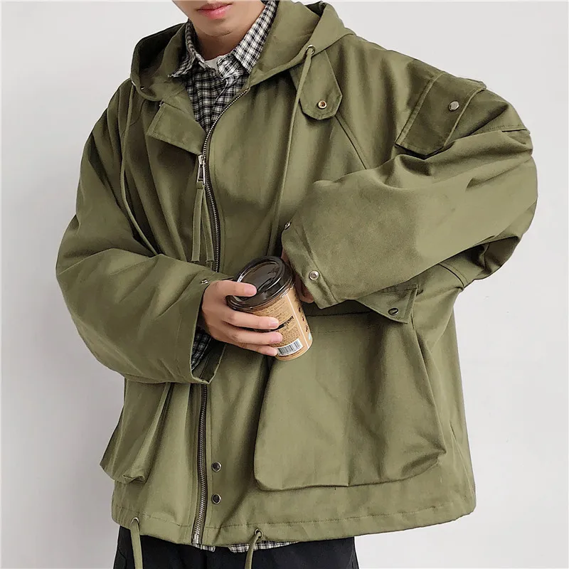 

Autumn Hooded Jacket Men Fashion Solid Color Casual Big Pocket Tooling Jacket Coat Men Streetwear Loose Hip Hop Bomber Jacket