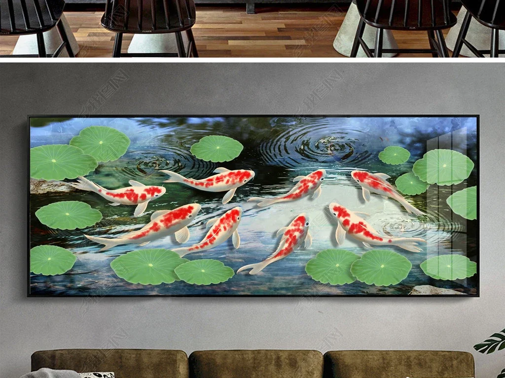 年年有余池塘鲢鱼锦鲤装饰画无框画背景墙