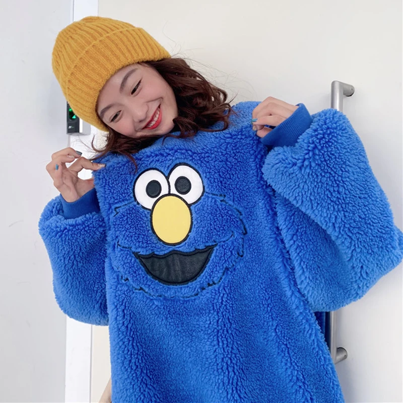 Синий Cartoon Lambs Wool Hoodies Women O Neck Velet Thicken Sweatshirt Autumn Winter Warm Outwear Red Blue Long Sleeve Streetwear W250 - Цвет: Синий
