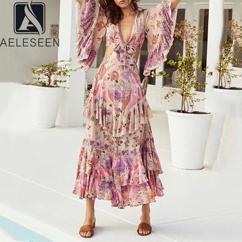 

AELESEEN Bohemian Women Dress 2020 Spring Summer Sexy Flare S,eeve Flower Print Hollow Out Backless Irrgular Party Holiday Dress