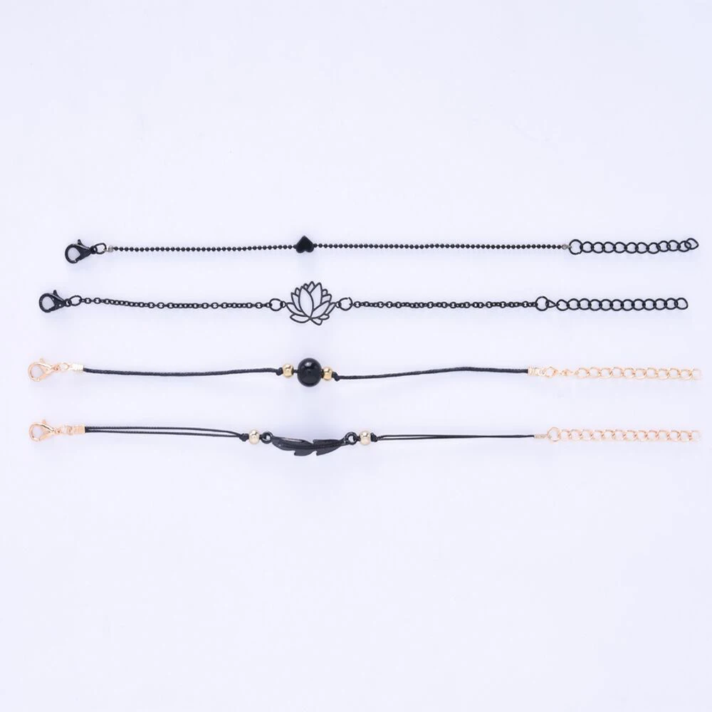 Fashion Bracelet 4PCs Gothic Black Feather Lotus Bracelets Set Heart Charm Boho Bangles For Women Wrist Chain For Fashion Bracelet Fashion Jewelry