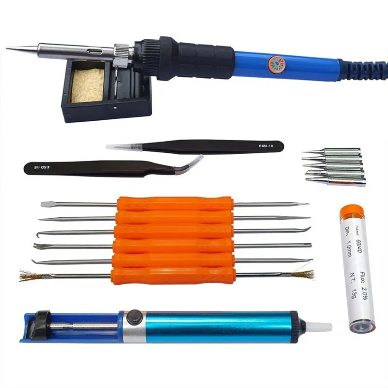 

Full Set 60W 110V Electric Soldering Iron Kit with Adjustable Temperature Welding Iron, 5pcs Tips, Desoldering Pump, 2pcs Tweeze