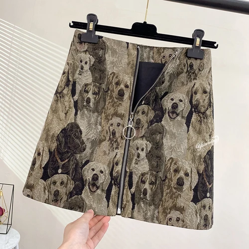 dog Neploe/зимняя винтажная мини-юбка с вышивкой в виде кота, Повседневная Женская юбка на молнии, бедра, новинка, облегающие юбки с высокой талией, женские плавки 55105 - Цвет: dog