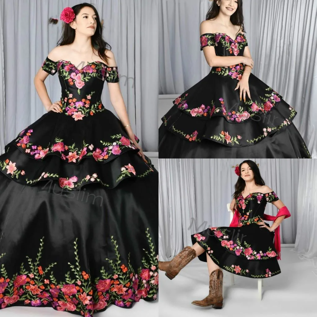 Mexican Black Quinceanera Dresses Charro Detachable Skirt Floral Embroidered Off The Shoulder Vestidos De 15 Xv A&ntilde;os Customized