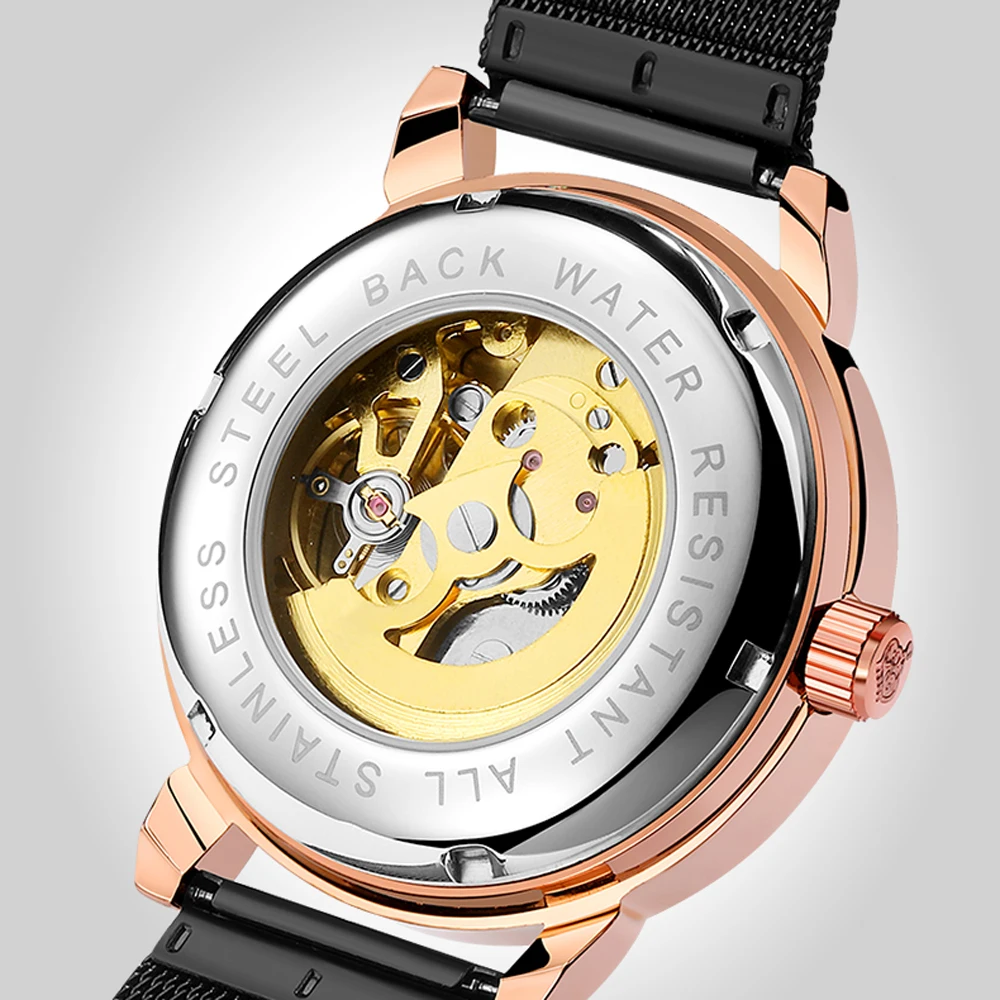 ORKINA Luxury Brand Watches Men Automatic Self-Wind Black Stainless Steel Band Skeleton Mechanical Wristwatches Relojes Hombre