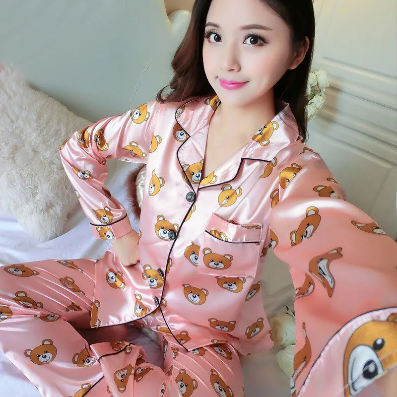 Атласная Шелковая пижама для женщин с длинными рукавами, пижамные комплекты в горошек, Женское ночное белье, ночное белье, 2 шт., одежда для отдыха, плюс размер, Пижамный костюм - Цвет: pink bear
