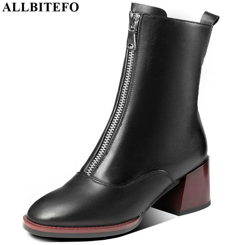 

ALLBITEFO Round toe women boots genuine leather concise Autumn Winter Pure color ankle boots High quality fashion girls boots
