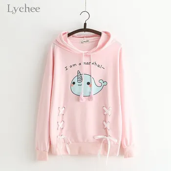 

Lychee Harajuku Cartoon Whale Lace Up Women Hooded Sweatshirts Cute Cotton Female Hoodies Top Spring Autumn Lady Pullovers Tops