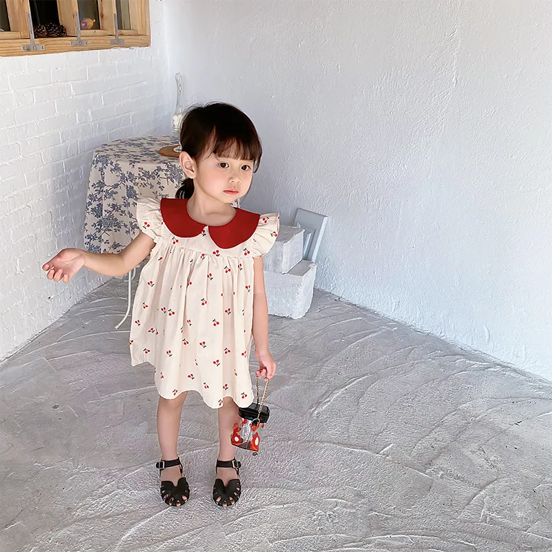 Cherry Print Girls Dress Toddler Kid Baby Clothes Ruffles Sleeveless Cotton Dresses Elegant Cute Sweet Sundress Outfit 1-7T girls dress