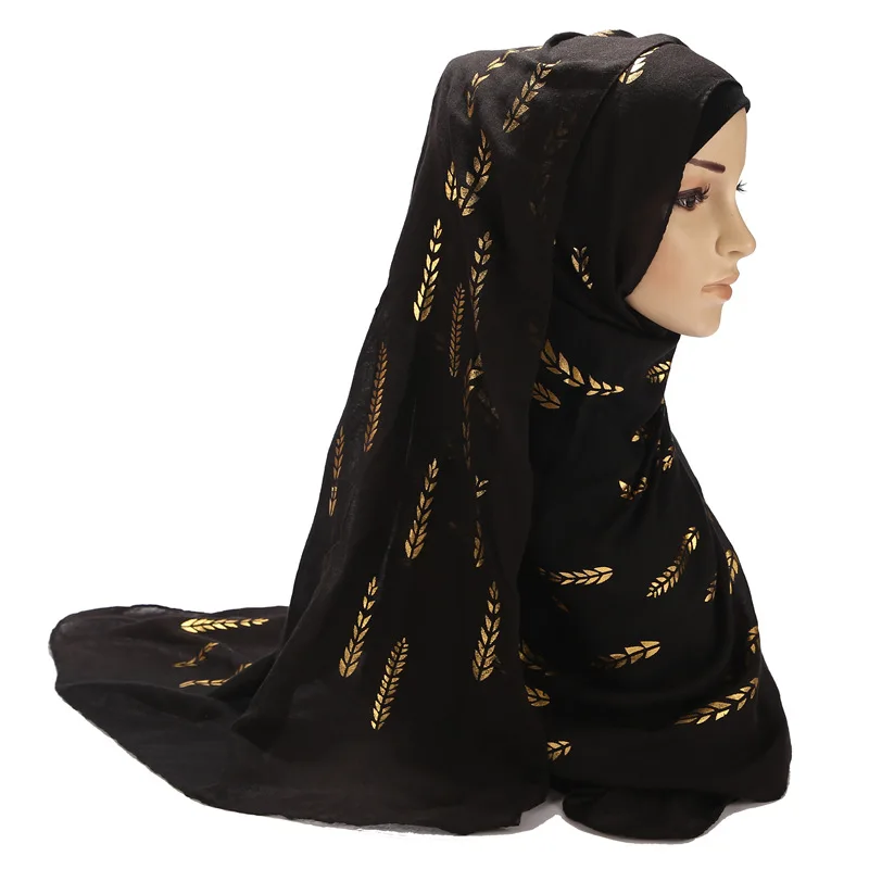 Модный 18 цветов женский шарф из хлопка и льна шаль Хиджаб 75*180 см Золотое Тиснение пшеничный узор Пашмина шарф Мусульманский хиджабы