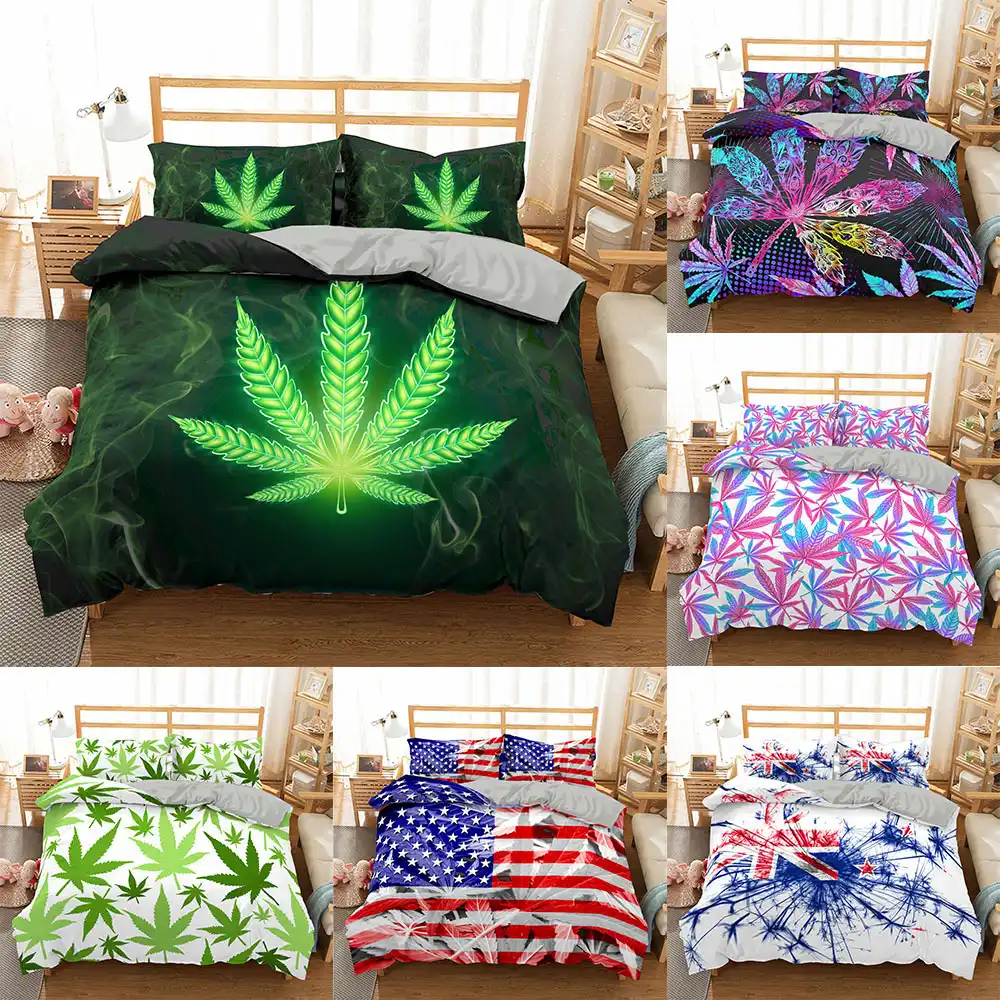Homesky jogo de cama de folhas tropicais, conjunto de cama de caseiro com folhas de maconha, tamanho queen, capa de edredão conjunto de