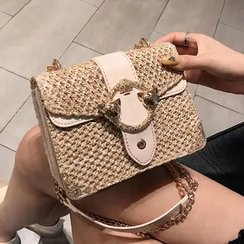 

Elegant Female Flap Square Bag 2020 Summer New Quality Straw Women's Designer Handbag Lock Chain Travel Shoulder Messenger Bag
