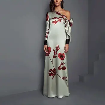 

Women's Oblique Shoulder Round Neck Long-sleeved Retro Printed Dress 2020 New European And American Dresses