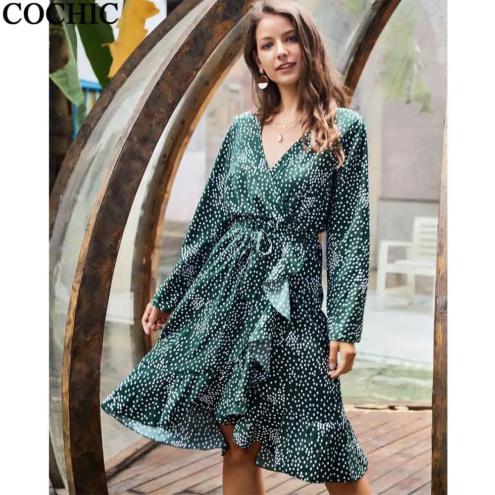 

Women Spring Autumn Irregular Polka Dot Print V Neck Elegant Green Dress Ruffles Hem Drawstring Dresses Original Design