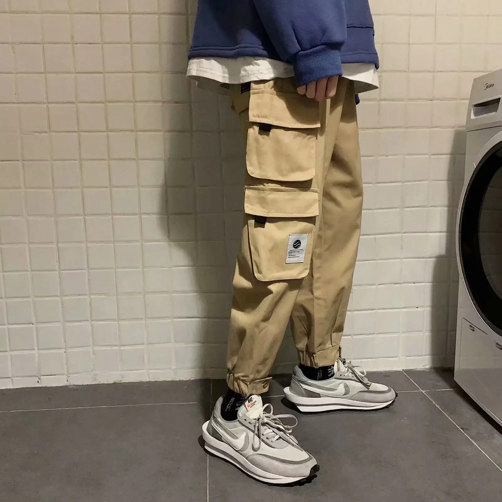 

MEN'S Casual Pants Loose-Fit Korean-style Casual Pants Beam Leg Multi-pockets Harem Pants Middle School Students Color Capri Bib
