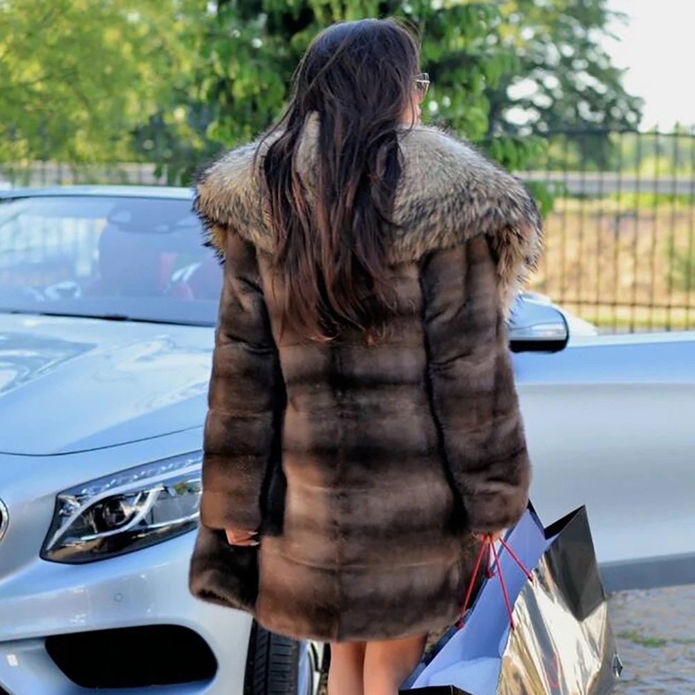 New Winter Real Mink Fur Coats Jacket With Big collar Women Genuine Full Pelt Winter Warm Elegant Female Coats