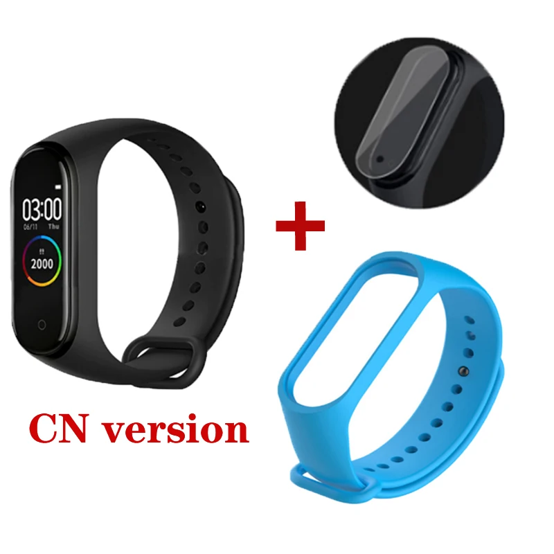 CN Add SkyBlue Strap Оригинальные Xiaomi Mi Смарт-часы с 4 полосами AMOLED цветной экран HeartRate Фитнес Спорт 50 атм водонепроницаемый смарт-браслет Bluetooth 5,0 - Цвет: CN Add SkyBlue Strap