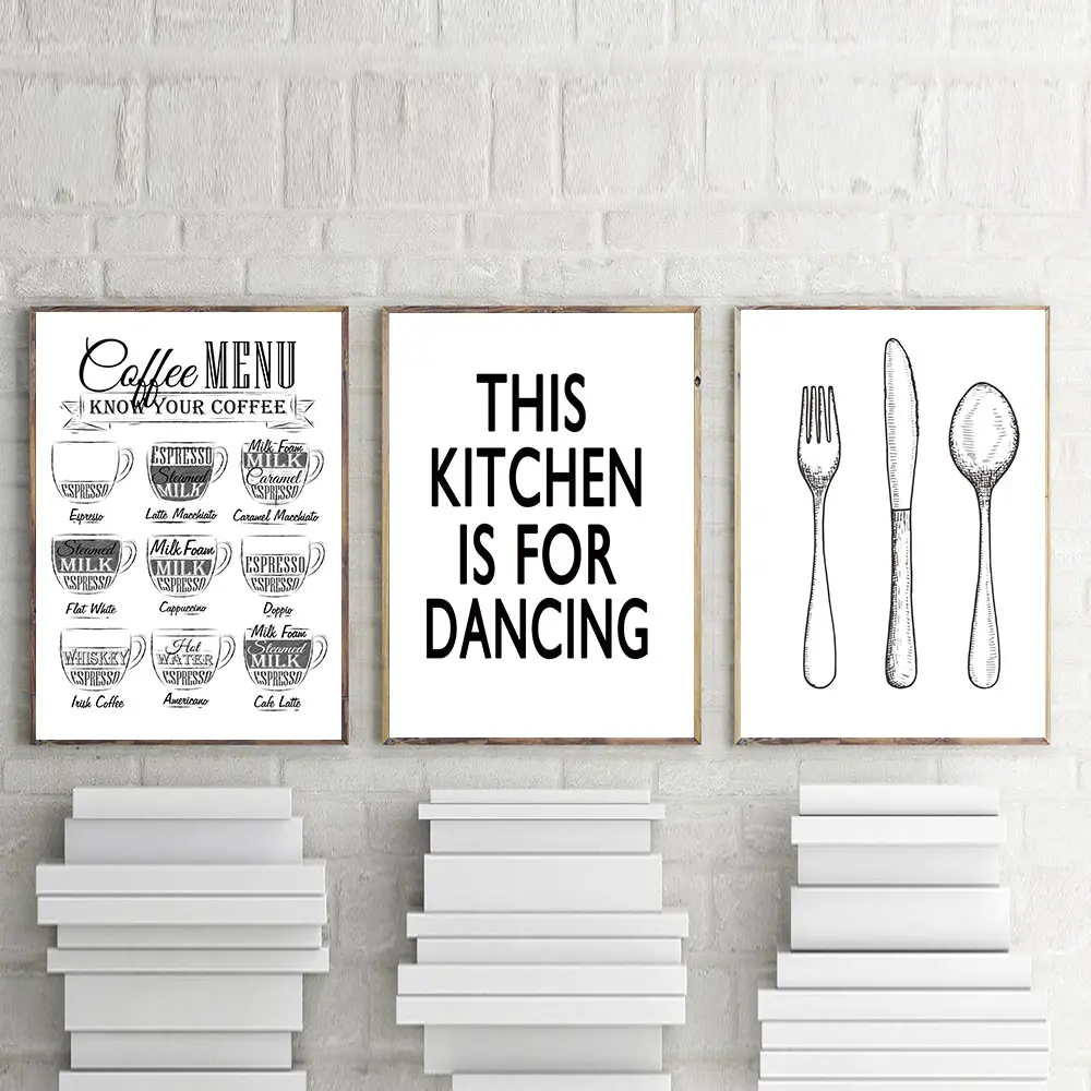 Черно-белая картина с принтом кофейного меню столовая посуда холст постер
