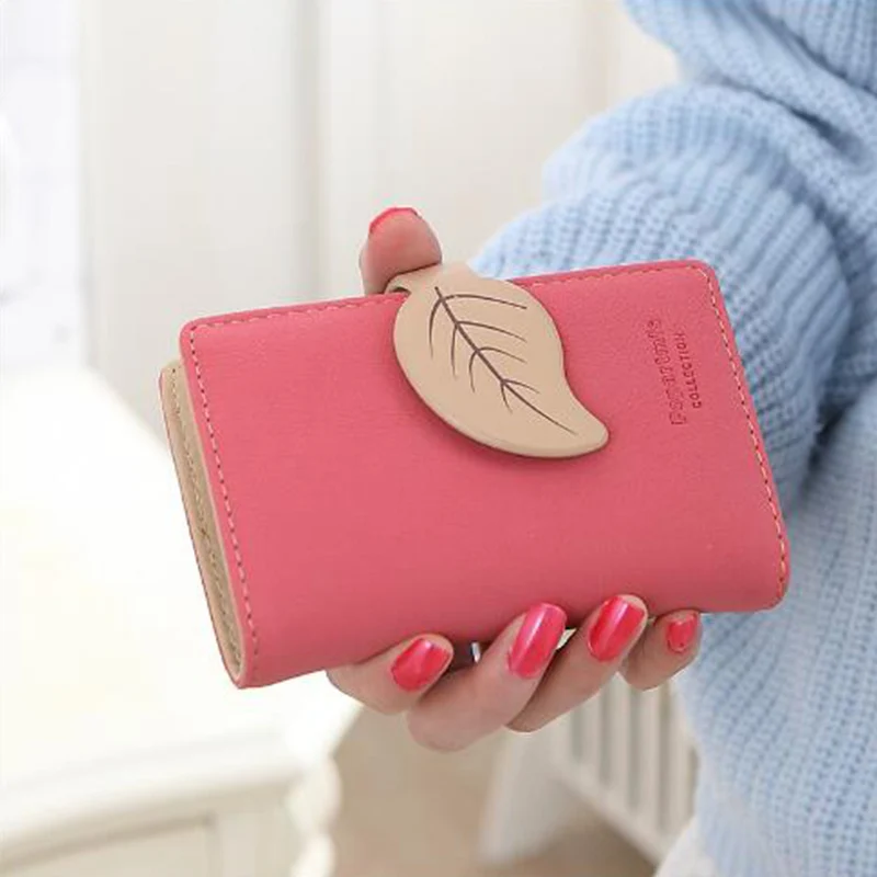 Rose red Горячая новинка, модная однотонная женская сумка для карт в виде листочка, короткая, средней длины, кожаная, для монет, для карт, для девушек, сумка для денег, для визиток - Цвет: Rose red