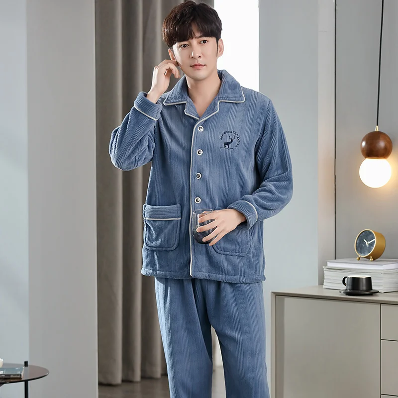 mens pjs set Winter Pajamas Men Thick Coral Fleece Pajama Sets Keep Warm Sleepwear Flannel Mens Pyjama Sets Casual Home Clothes Pijama L-3XL men's pajama sets Pajama Sets