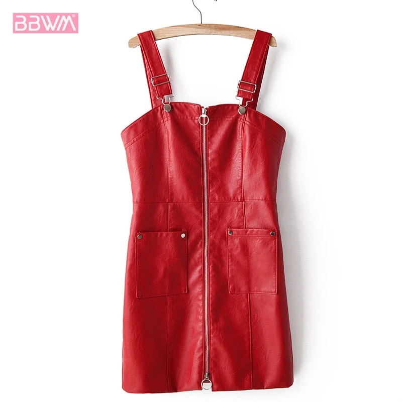 

Harajuku PU Red Double Pocket Sleeveless Zip Strap Women's Dresses 2019 Autumn New Sleek Minimalist Slim Simple Female Dress