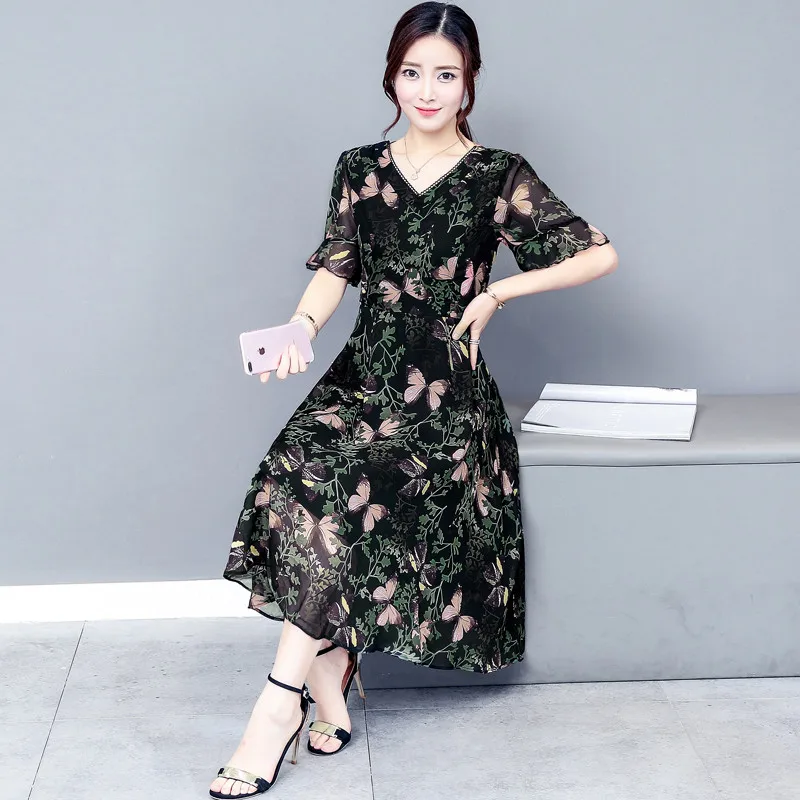 Mother Large Size Summer 30-40-50 Years Old Middle-aged and Young Women's Wear Mom's Fashion Dresses V Neck