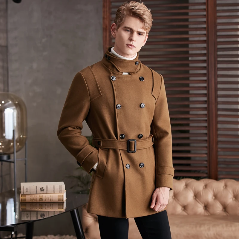 2021 Wool Mens Trench High Quality Double Breasted Stand Collar Long