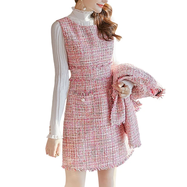 Pink tweed jacket + sleeveless dress suit sequined fabric Spring /Autumn women's jacket ladies 2 piece Elegant Professional Set 5