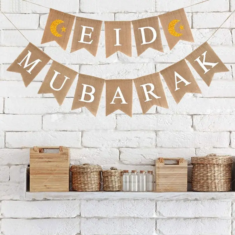 

1 Set Muslim Ramadan Bunting Banner Garland Eid Mubarak Decorative Star Moon Burlap Pull Flag Party Supplies