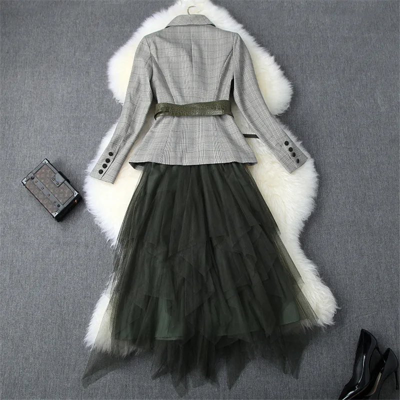 Дизайнерский осенне-зимний костюм женская элегантная клетчатая блейзер с поясом и асимметричной фатиновой юбкой офисная одежда из 2 предметов