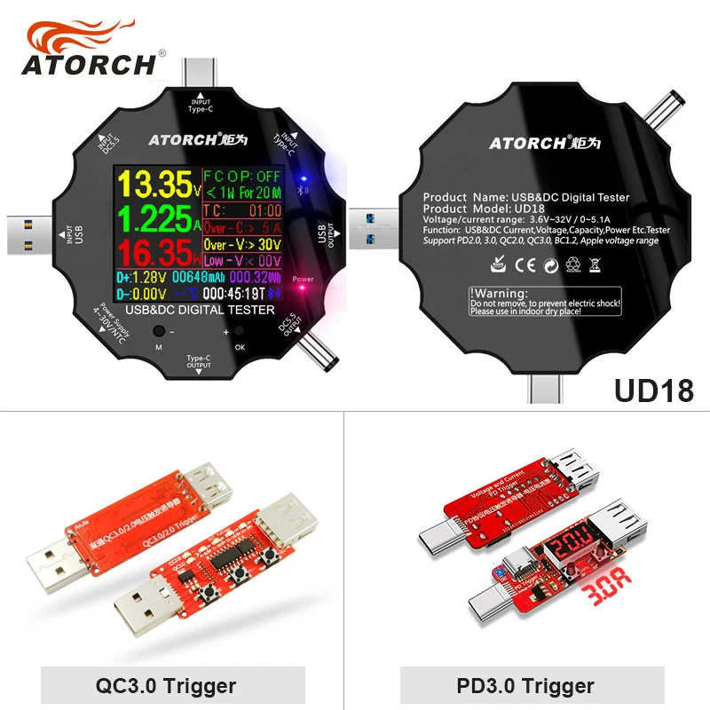 DC5.5 Type C 18 в 1 USB 3 0 тестер APP Цифровой вольтметр зарядное устройство постоянного
