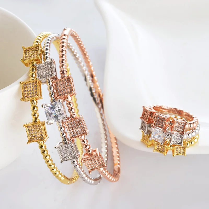 

Fashion Geometric Square shape exquisite micro pave setting Cuff Bracelet Bangle Ring Women and stud earrings Jewelry Bijoux