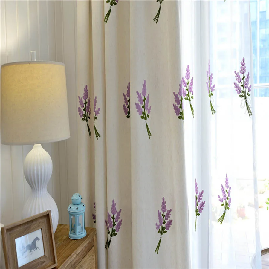 Purple Lavender Pastoral Embroidery Semi Blackout Bedroom Curtains Cotton and Linen Curtain Fabrics For Chilren's Room MY303-50