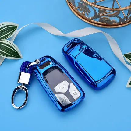 PC+ ТПУ пульт дистанционного управления 3 кнопки силиконовый для ключа автомобиля брелок чехол Корпус брелок для ключей для Audi A4 Allroad B9 Q5 Q7 TT TTS - Название цвета: blue with keychain