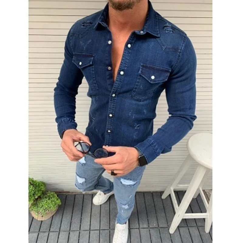 Dark blue Pui men tiua Мужская модная повседневная джинсовая приталенная рубашка с отложным воротником и длинным рукавом и карманом, осенние джинсы, одноцветные куртки, Топ - Цвет: Dark blue