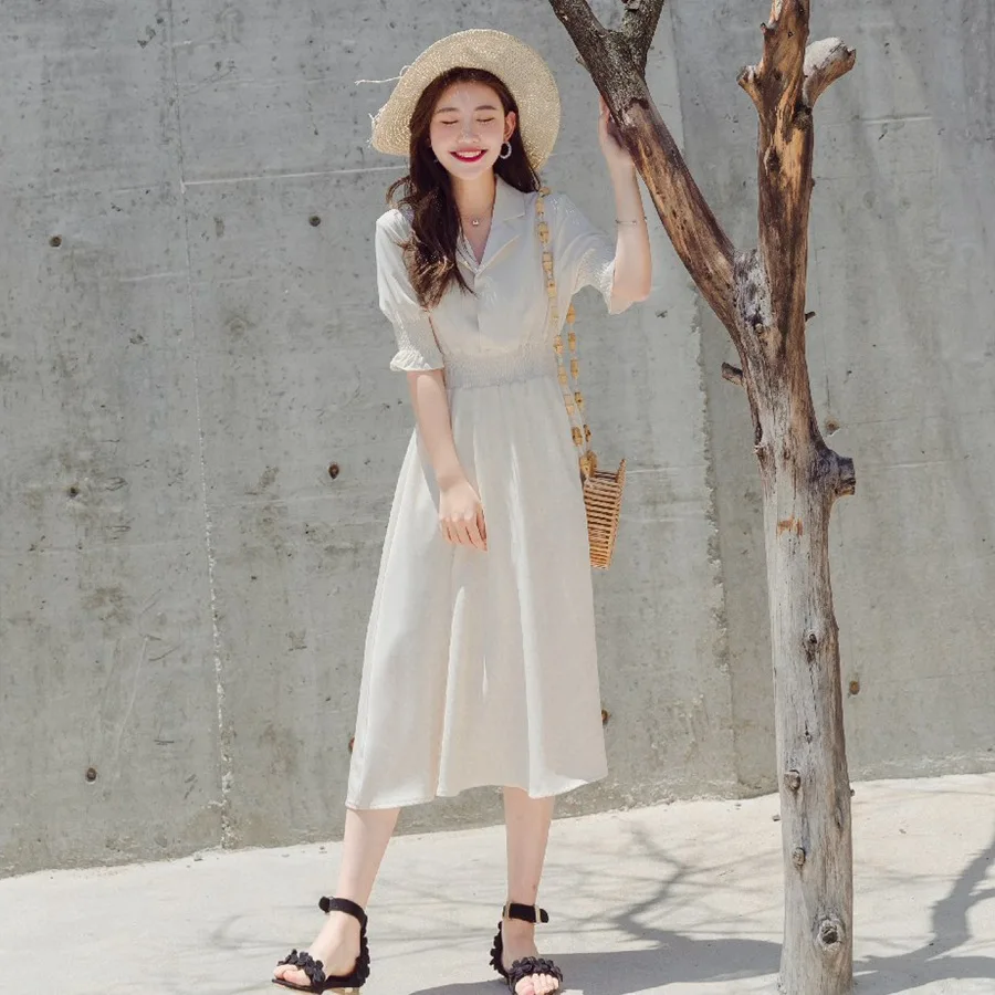 

Photo Shoot Elegant Suit Collar Drape Puff Sleeve Dress Women's Ulzzang Pleated Waist Hugging Apricot Hong Kong Flavor Long Skir