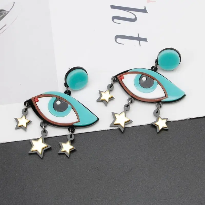 Women Acrylic Big Cartoon Evil Eyes Star Dangle Drop Earrings Fashion Jewelry