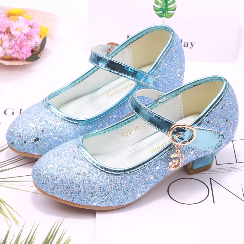 Children Princess Shoes student dance shoes For Girls High Heel Sandals Dress Purple Kids Leather Glitter Crystal Shoes Banquet