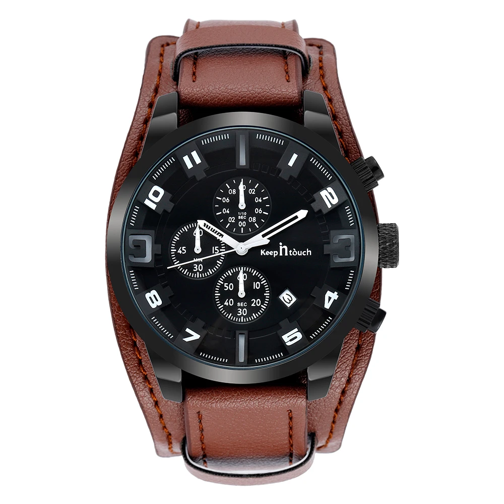 Leather A Кварцевые часы, мужские, для улицы, водонепроницаемые, спортивные, кожаный ремень, коричневый, черный цвет, карнавал, часы, 47 мм, диаметр циферблата, красная указка - Цвет: Leather A