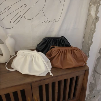 

Solid Color Soft Leather Crossbody Bags For Women Small Fold Clutch Bag Lady Party Handbags Quality Shoulder Messenger Cloud Bag