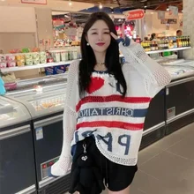 

Spring Autumn Letter Love Printed Thin Knitted Sweater Women Sweet Hollow Out O-Neck Long Sleeve Pullovers White Loose Jumpers