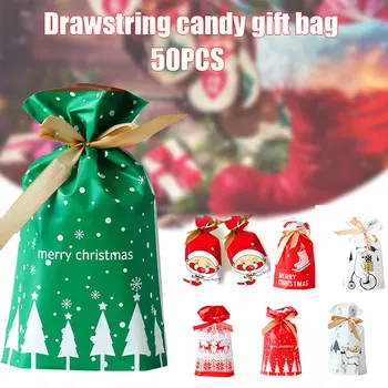 

Newly 50PCS Drawstring Christmas Gift Bags PE Treat Bags Candy Bags Party Favor Bags for Christmas Goodies Cookies Wrap
