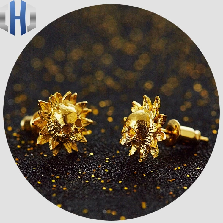 

24K Pure Gold Skull Earrings Personality Skull Sun Flower Skull Creative Earrings