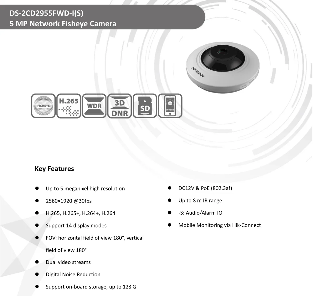 Hikvision DS-2CD2955FWD-IS международная версия 5MP сеть рыбий глаз cctv ip камера poe с 8 м ИК и углом обзора 180 градусов