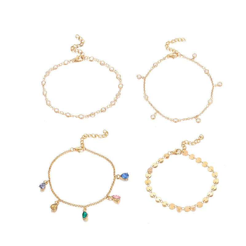 4 шт./компл. Boho золото, украшенные разноцветными кристаллами вафли Многослойные браслеты для Для женщин цепи Регулируемый набор ножных браслетов ног Ювелирные изделия Аксессуары
