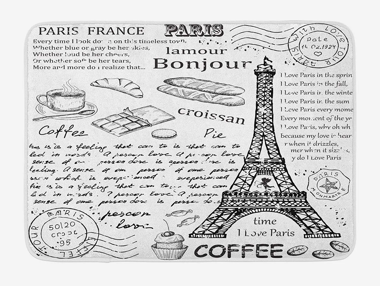 Paris Doormat Traditional Famous Parisian Elements Bonjour Croissan Coffee Eiffel Tower Print Home Decor Door Floor Mat Rugs | Дом и сад
