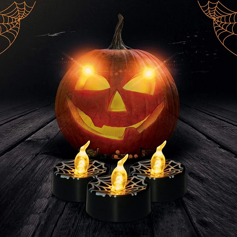 

LED Tea Lights Candles Battery Operated Flameless LED Led Halloween Spider Web Candle Lights Flickering Warm White for Home Deco