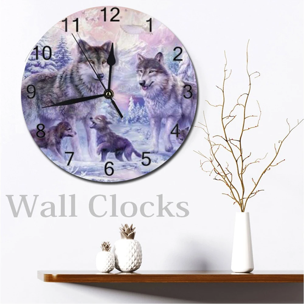 Wolf Pattern Wall Decor Clocks Numeral Digital Dial Mute No Ticking Sound Battery Operated Clock for Children's Playroom Bedroom